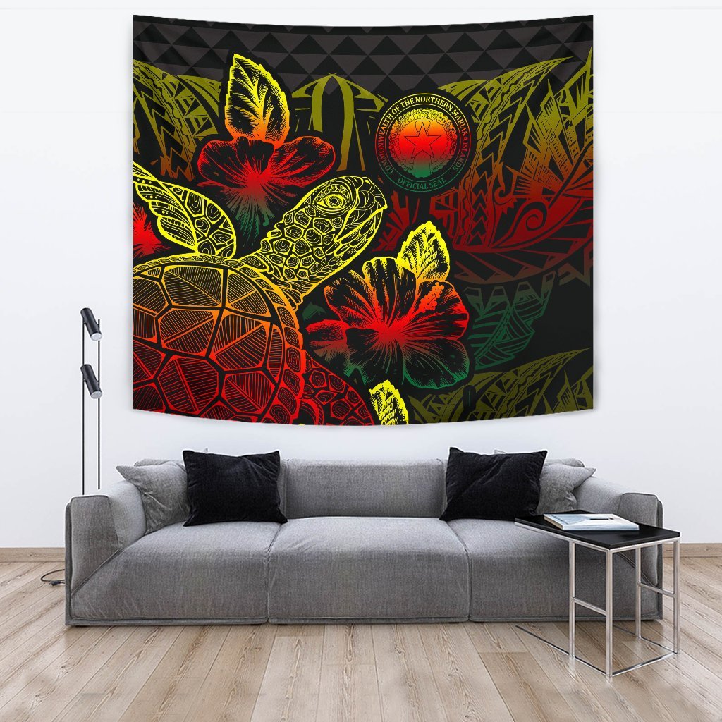 Northern Mariana Islands Tapestry - Turtle Hibiscus Pattern Reggae Wall Tapestry Large 104" x 88" Reggae - Polynesian Pride