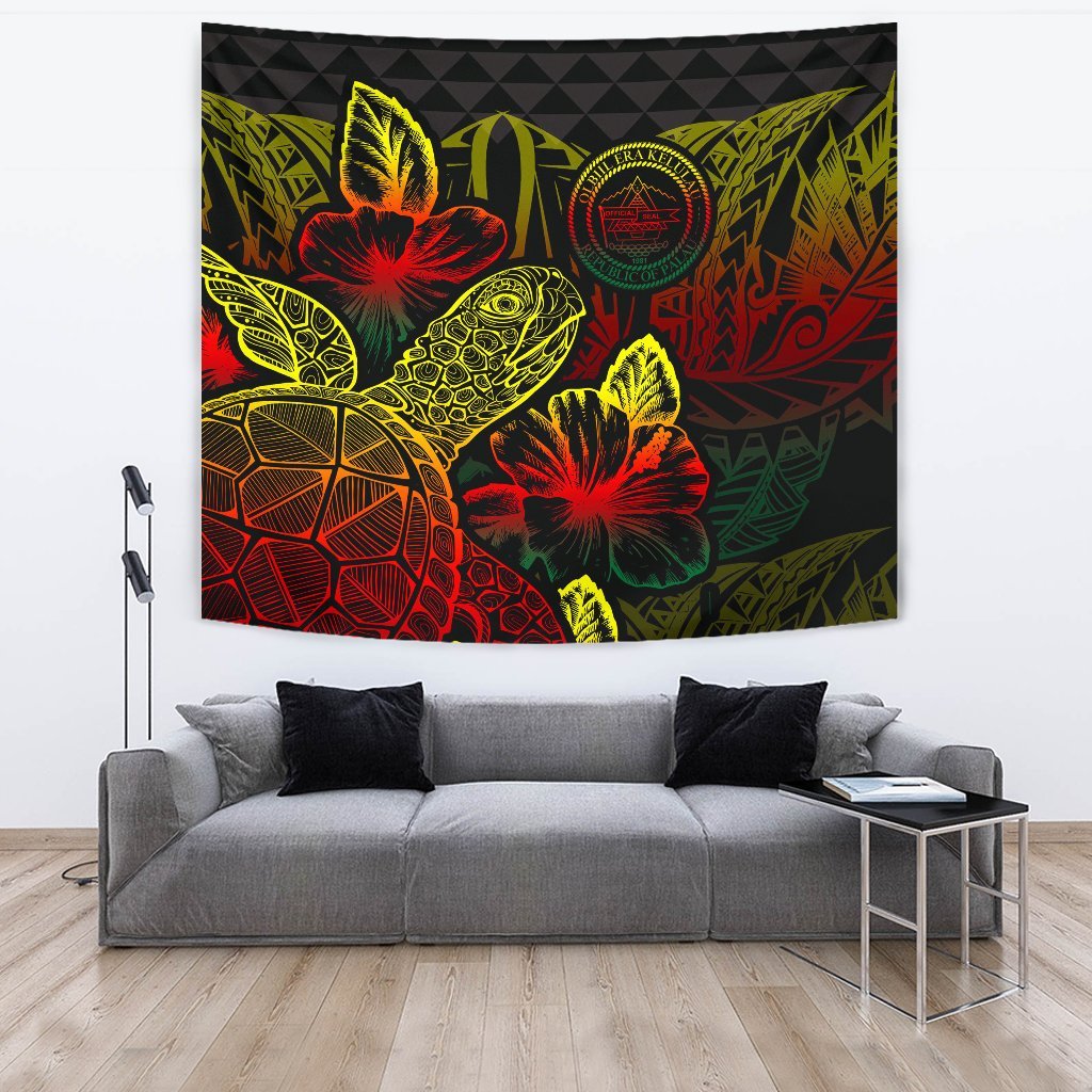 Palau Tapestry - Turtle Hibiscus Pattern Reggae Wall Tapestry Large 104" x 88" Reggae - Polynesian Pride