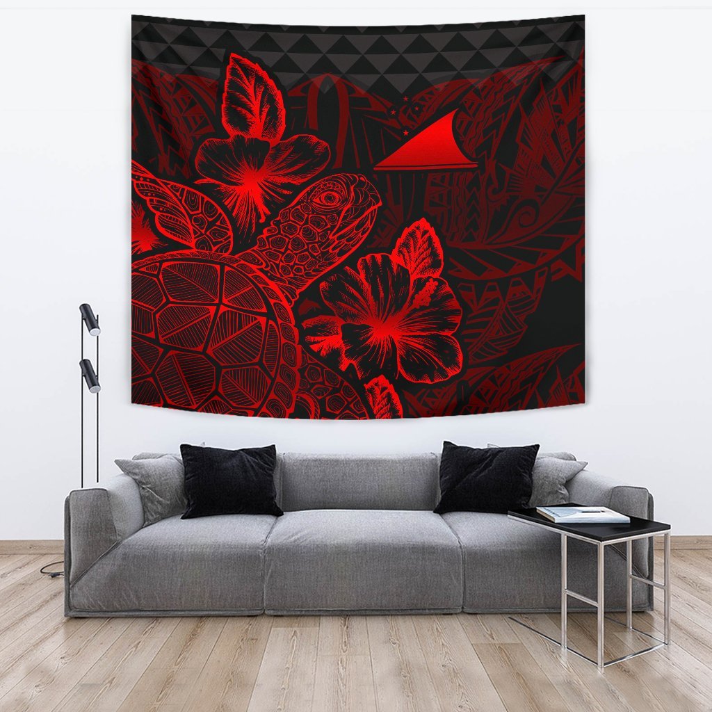 Tokelau Tapestry - Turtle Hibiscus Pattern Red Wall Tapestry Large 104" x 88" Red - Polynesian Pride