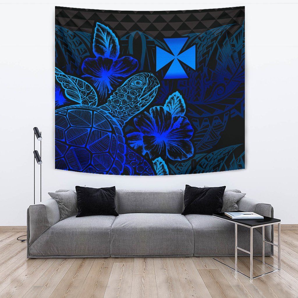 Wallis And Futuna Tapestry - Turtle Hibiscus Pattern Blue Wall Tapestry Large 104" x 88" Blue - Polynesian Pride