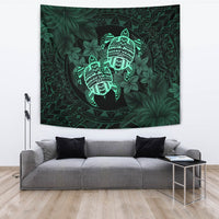 hawaiiTapestry - Turtle Strong Pattern Hibiscus Plumeria Turquoise AH Wall Tapestry Large 104" x 88" Turquoise - Polynesian Pride