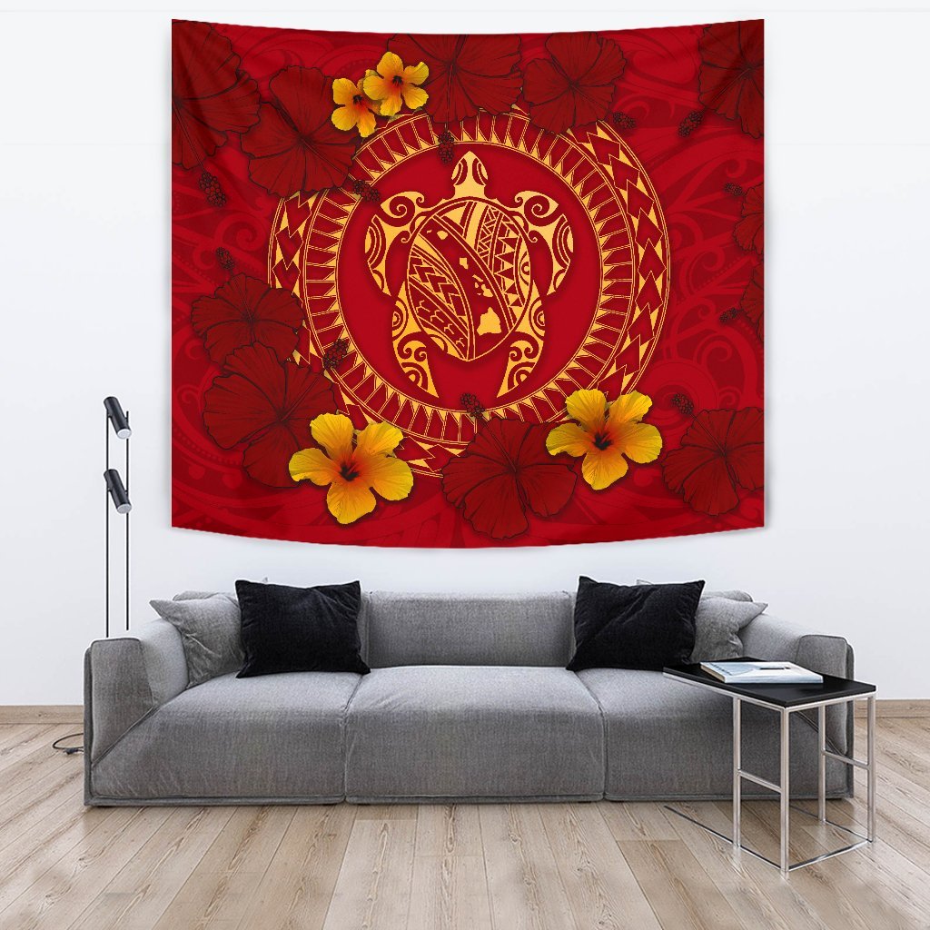 Hawaii Turtle Polynesian Tapestry - Oil Style Wall Tapestry Red - Polynesian Pride