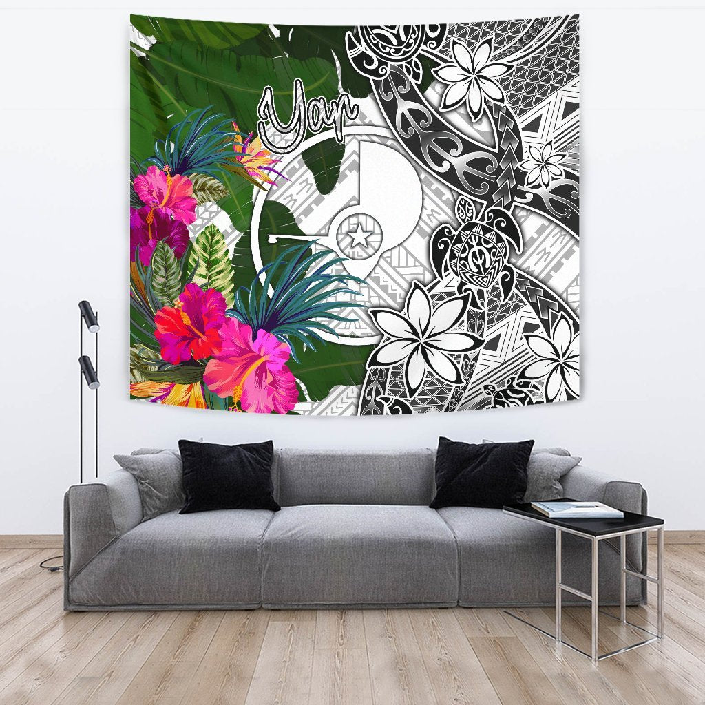 Yap Tapestry White - Turtle Plumeria Banana Leaf - Polynesian Pride