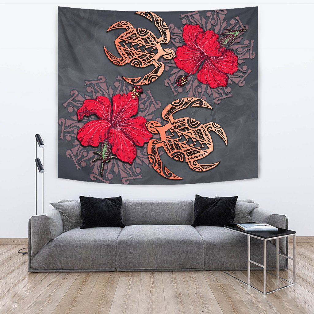 Hawaii Turtle Hibiscus Polynesian Tapestry - Khoi Style - AH Wall Tapestry 150cm*150cm Gray - Polynesian Pride