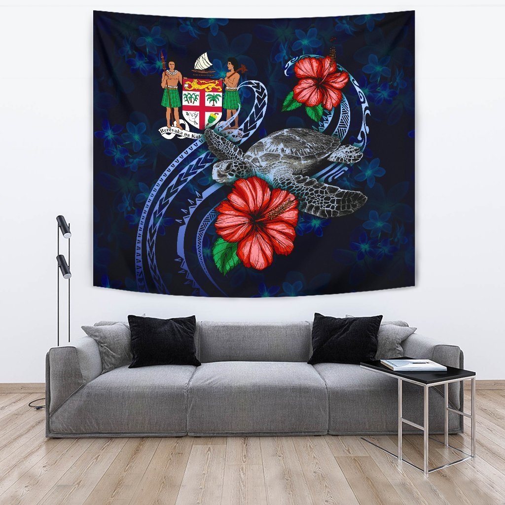 Fiji Polynesian Tapestry - Blue Turtle Hibiscus One Style Large 104" x 88" Blue - Polynesian Pride