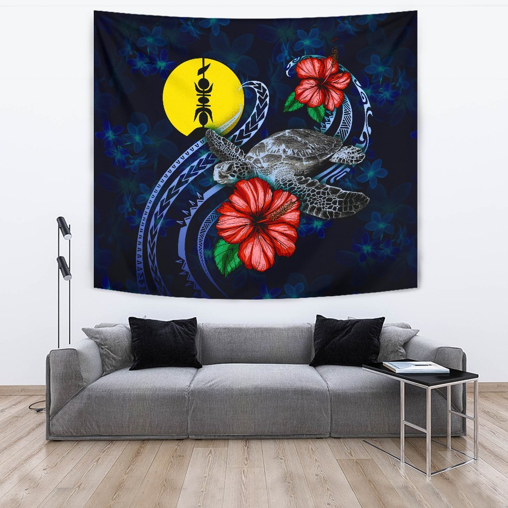 New Caledonia Polynesian Tapestry - Blue Turtle Hibiscus One Style Large 104" x 88" Blue - Polynesian Pride