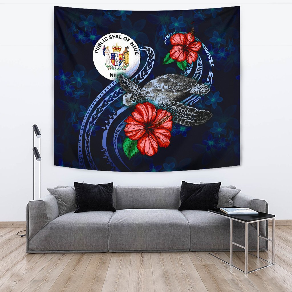 Niue Polynesian Tapestry - Blue Turtle Hibiscus One Style Large 104" x 88" Blue - Polynesian Pride