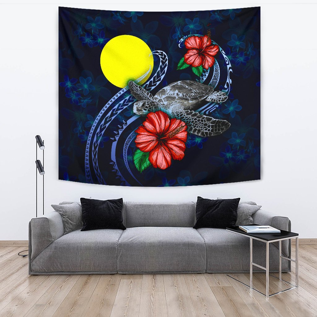 Palau Polynesian Tapestry - Blue Turtle Hibiscus One Style Large 104" x 88" Blue - Polynesian Pride