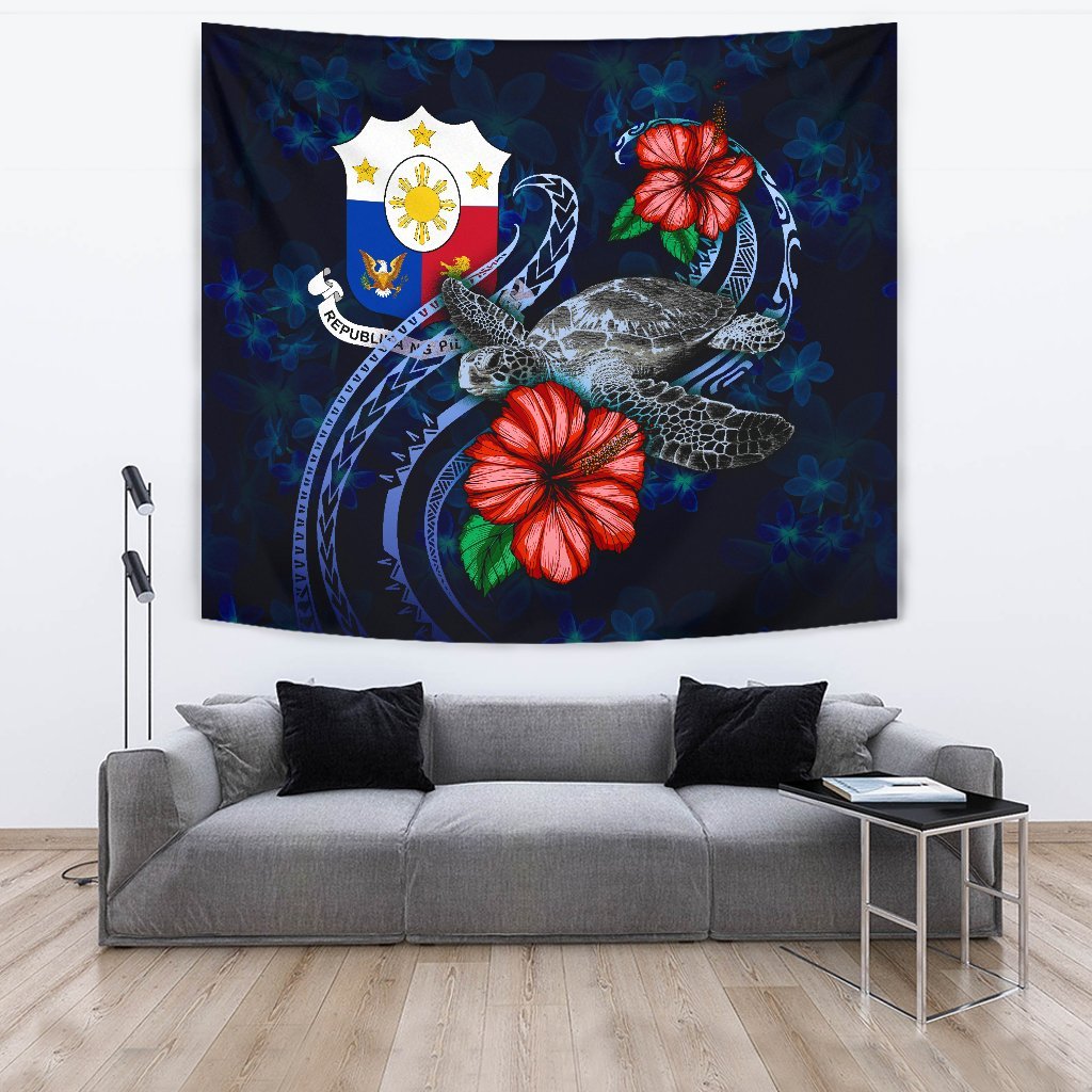 Philippines Polynesian Tapestry - Blue Turtle Hibiscus One Style Large 104" x 88" Blue - Polynesian Pride
