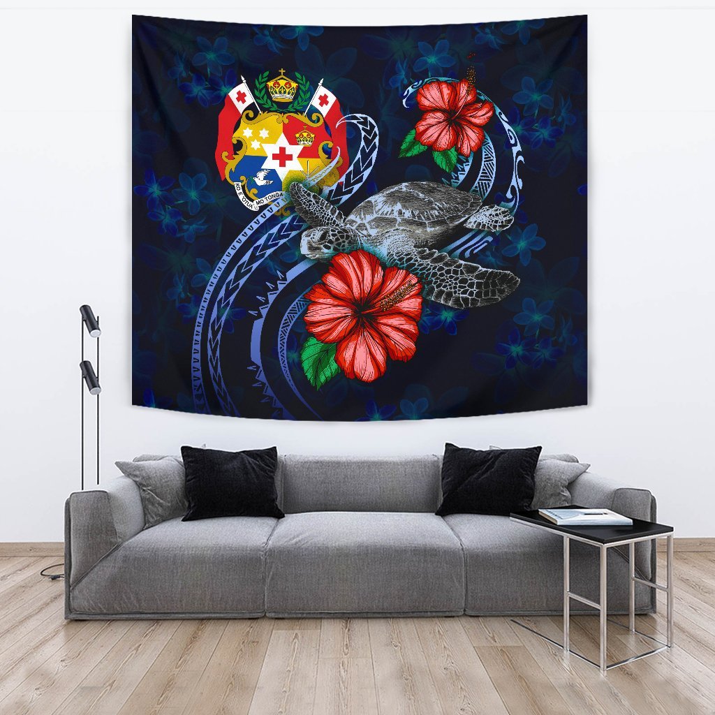 Tonga Polynesian Tapestry - Blue Turtle Hibiscus One Style Large 104" x 88" Blue - Polynesian Pride