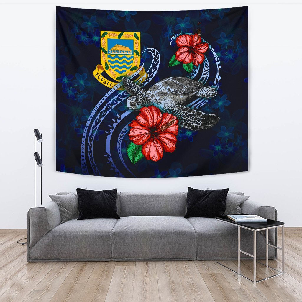 Tuvalu Polynesian Tapestry - Blue Turtle Hibiscus One Style Large 104" x 88" Blue - Polynesian Pride