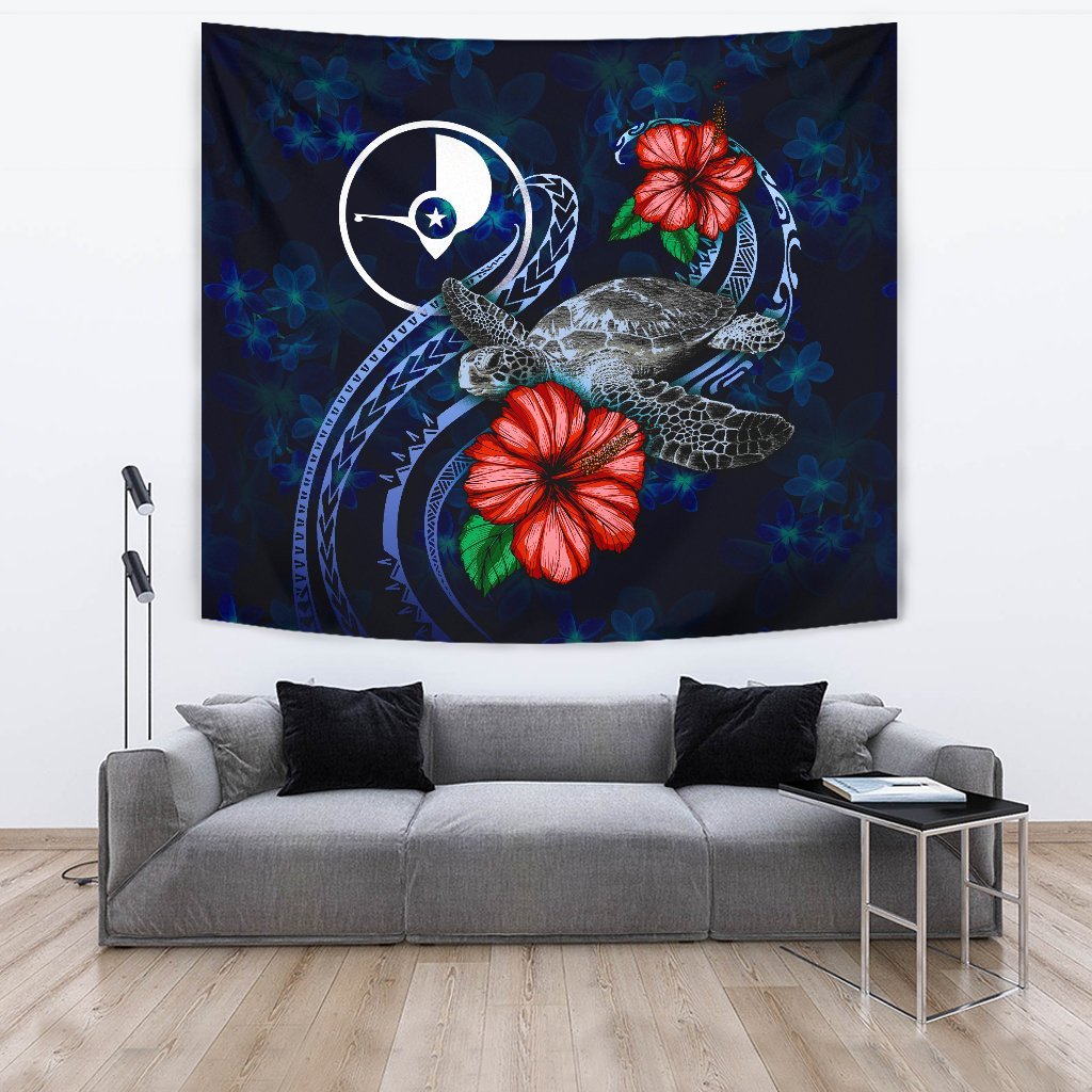 Yap Polynesian Tapestry - Blue Turtle Hibiscus One Style Large 104" x 88" Blue - Polynesian Pride