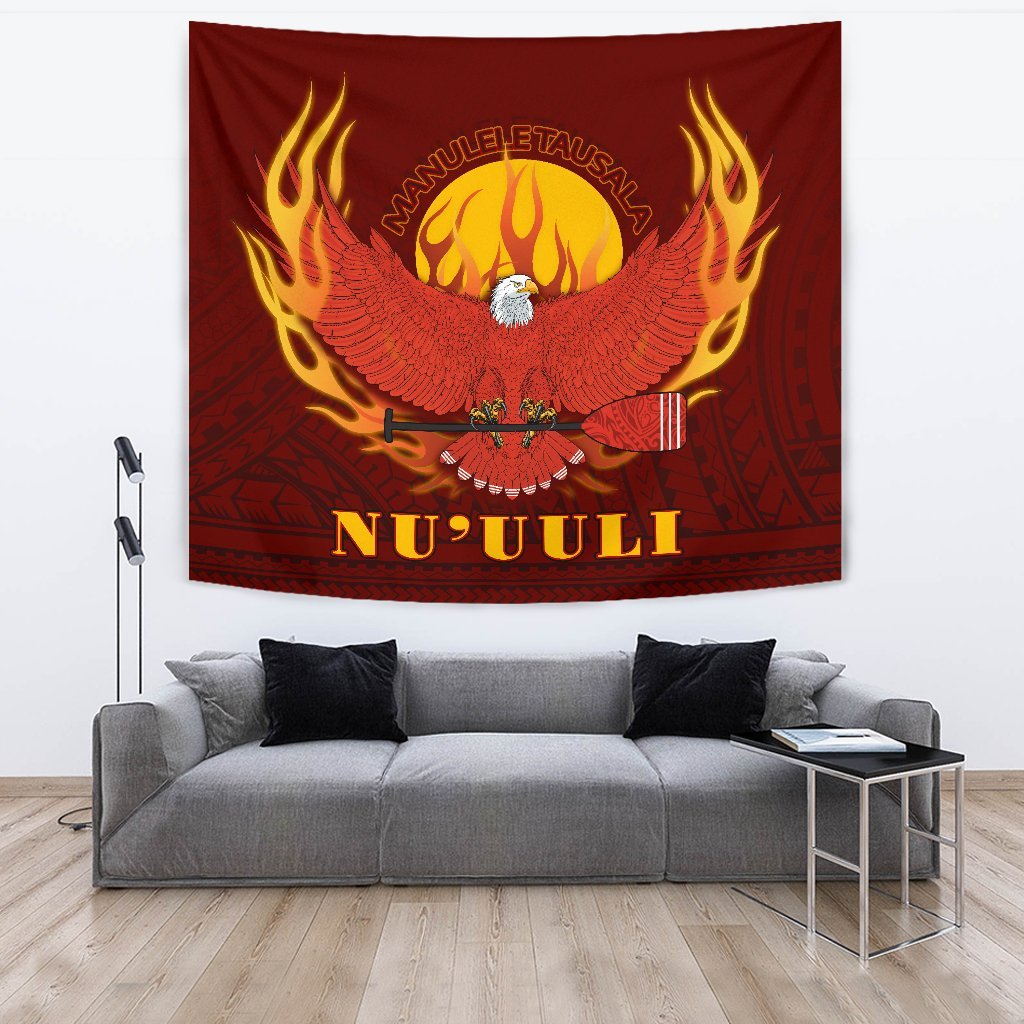 American Samoa Tapestry - Manulele Tausala Nuuuli Wall Tapestry Large 104" x 88" Red - Polynesian Pride