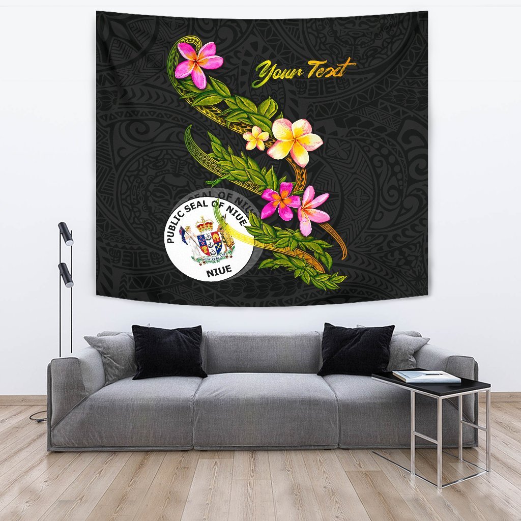 Niue Polynesian Custom Personalised Tapestry - Plumeria Tribal One Style Black - Polynesian Pride