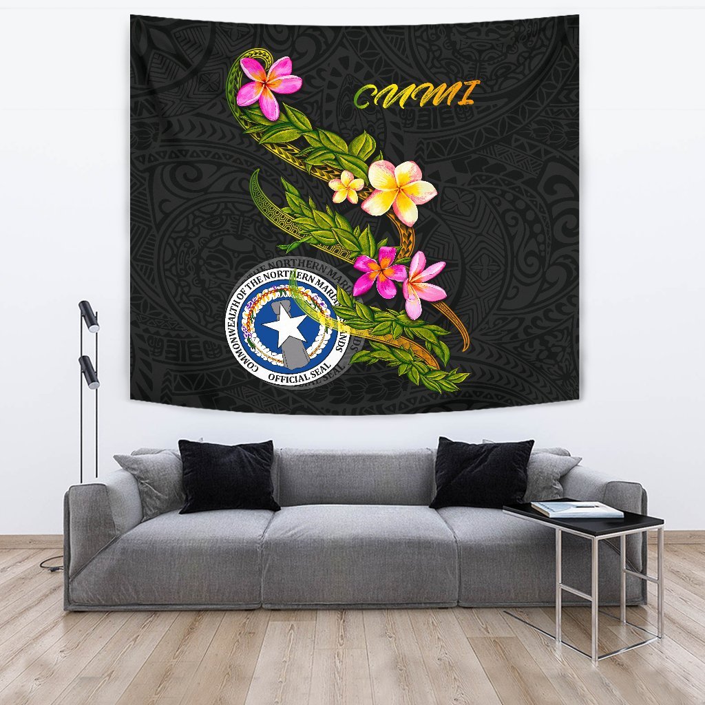 Northern Mariana Islands Polynesian Tapestry - Plumeria Tribal One Style Black - Polynesian Pride