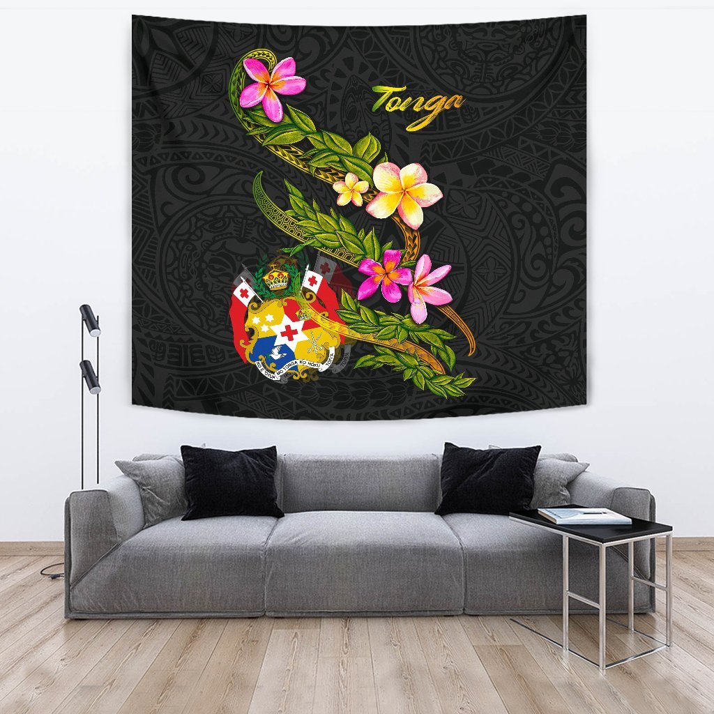 Tonga Polynesian Tapestry - Plumeria Tribal One Style Black - Polynesian Pride