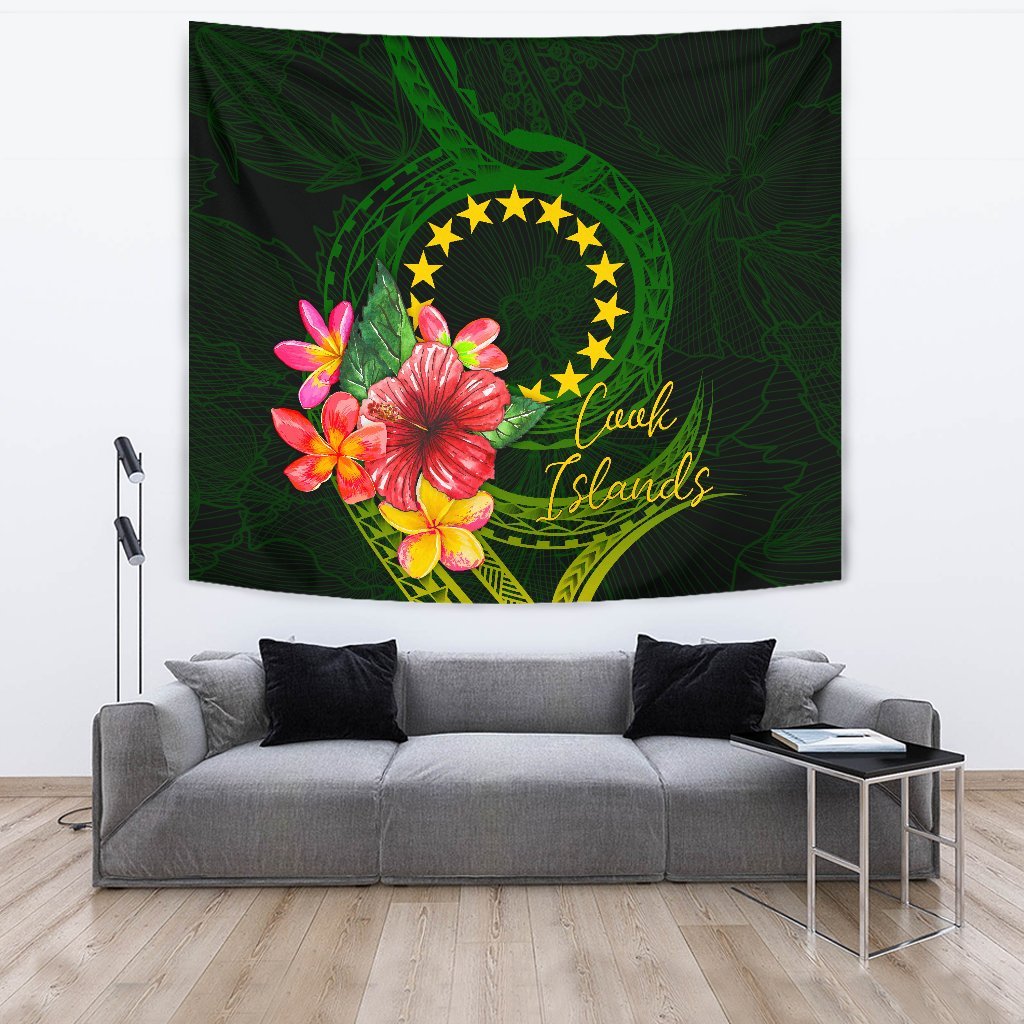Cook Islands Polynesian Tapestry - Floral With Seal Flag Color One Style Large 104" x 88" Green - Polynesian Pride
