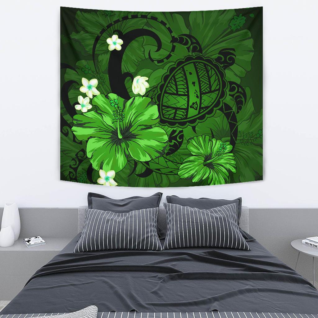 Hawaii Turtle Poly Tribal Green Tapestry Wall Tapestry Green - Polynesian Pride