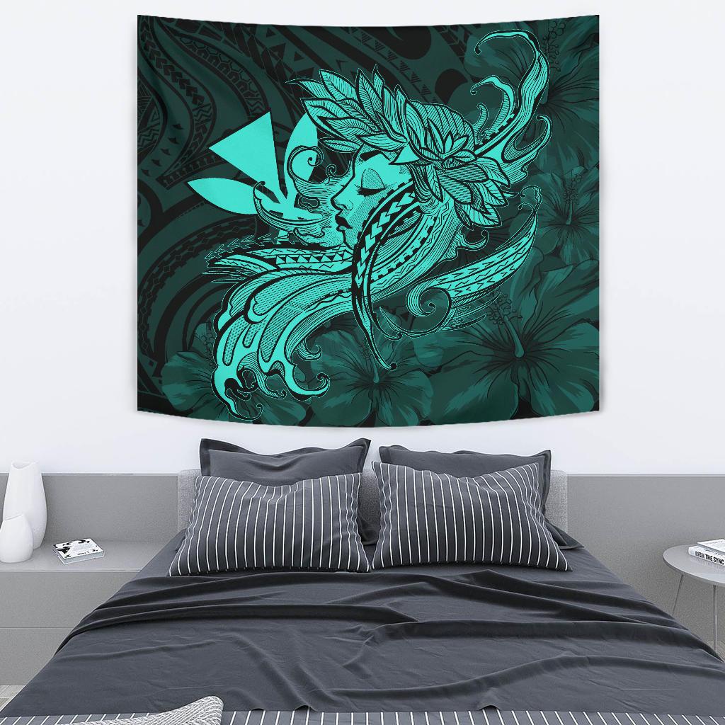 Hula Girl Hibiscus Kanaka Poly Tapestry - Turquoise Wall Tapestry 130cm*150cm Turquoise - Polynesian Pride