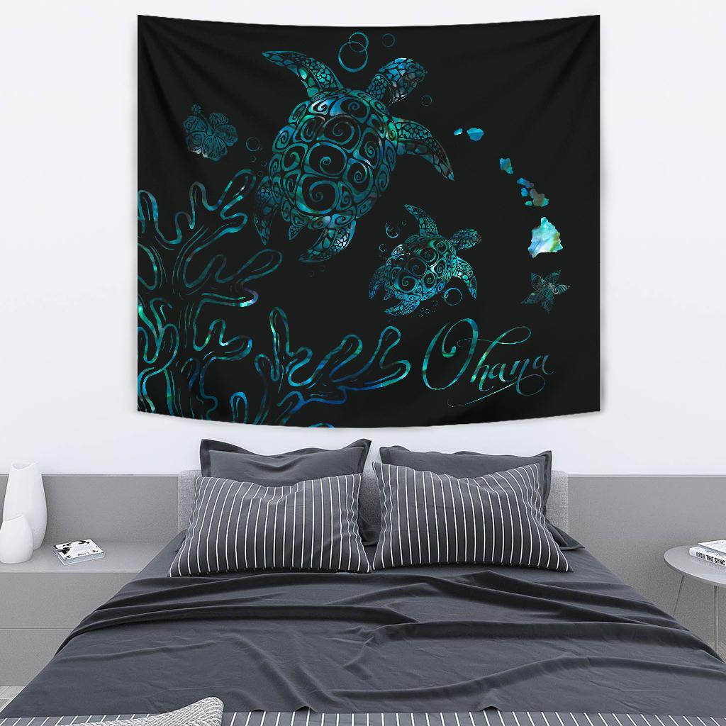 Hawaii Turtle Ohana Paua Shell Tapestry Wall Tapestry 130cm*150cm Black - Polynesian Pride