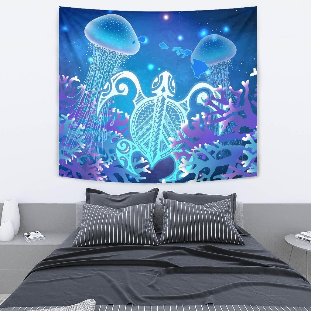 Hawaii Turtle Jellyfish Coral Galaxy Tapestry Wall Tapestry Galaxy - Polynesian Pride