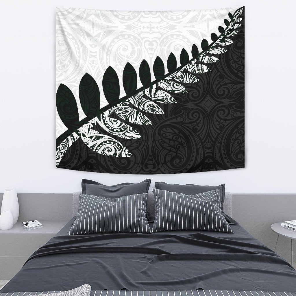New Zealand Silver Fern Maori Tapestry Black White M 130 x 150 cm Black - Polynesian Pride