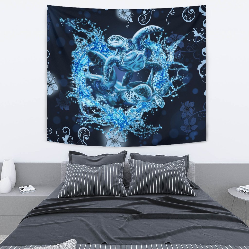 Hawaii Turtle Sea Ohana Tapestry Wall Tapestry Blue - Polynesian Pride