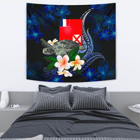 Wallis and Futuna Polynesian Tapestry - Turtle With Plumeria Flowers One Style Medium 80" x 68" Blue - Polynesian Pride