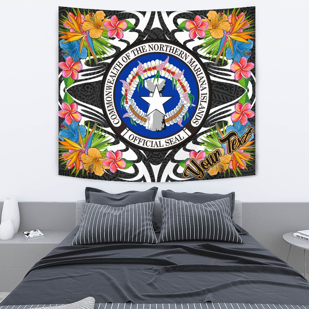 Northern Mariana Islands Tapestrys - Custom Personalised Tropical Flowers Style Wall Tapestry - Northern Mariana Islands Medium 80" x 68" Black - Polynesian Pride