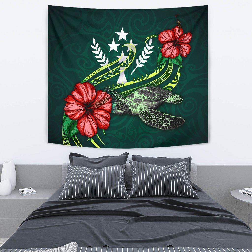 Kosrae Micronesia Tapestry - Green Turtle Hibiscus One Style Medium 80" x 68" Green - Polynesian Pride