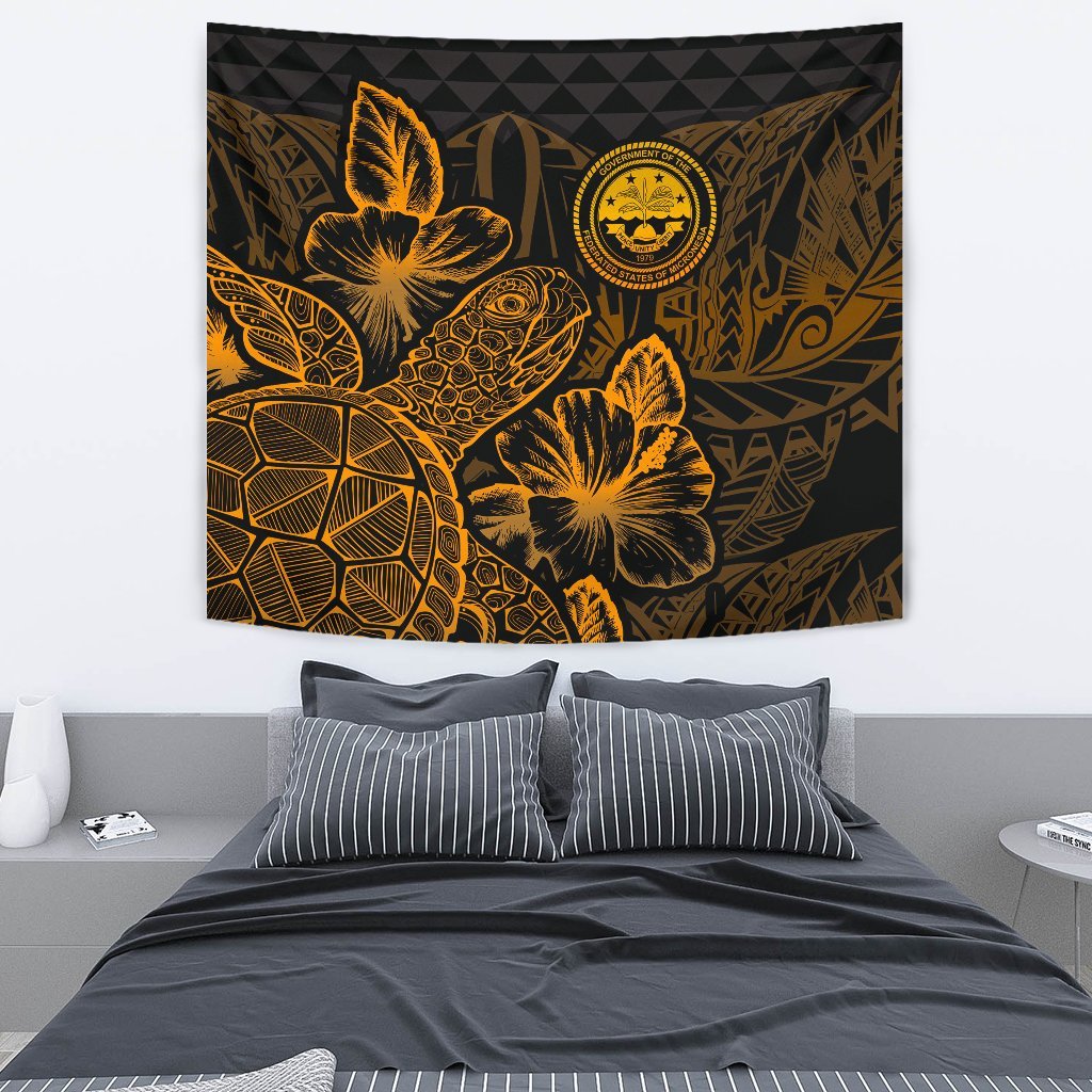 Federated States Of Micronesia Tapestry - Turtle Hibiscus Pattern Gold Wall Tapestry Medium 80" x 68" Gold - Polynesian Pride