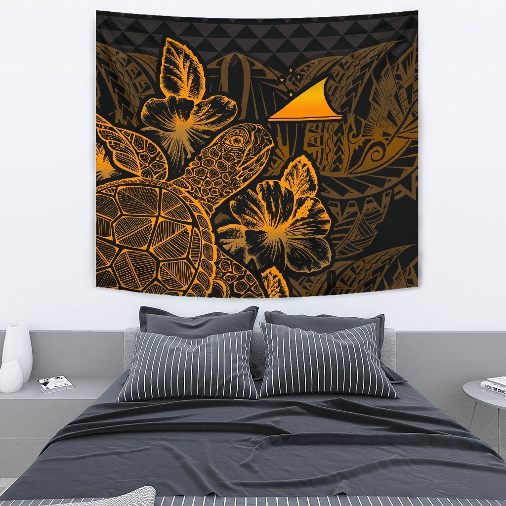 Tokelau Tapestry - Turtle Hibiscus Pattern Gold Wall Tapestry Medium 80" x 68" Gold - Polynesian Pride