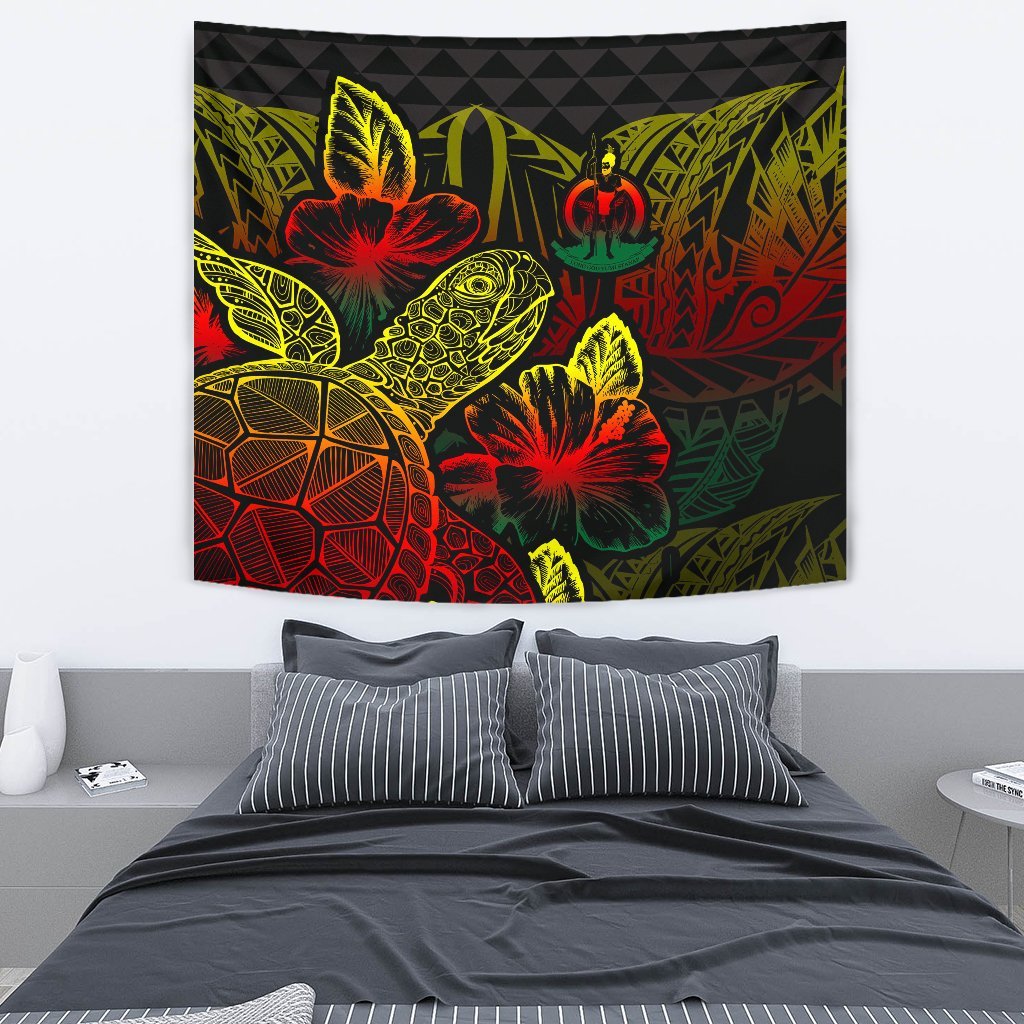 Wallis And Futuna Tapestry - Turtle Hibiscus Pattern Reggae Wall Tapestry Medium 80" x 68" Reggae - Polynesian Pride