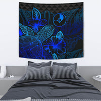 Yap Tapestry - Turtle Hibiscus Pattern Blue Wall Tapestry Medium 80" x 68" Blue - Polynesian Pride