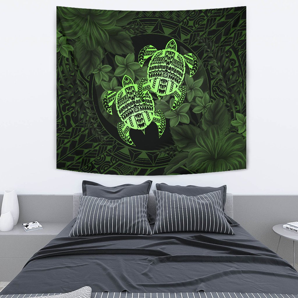 hawaiiTapestry - Turtle Strong Pattern Hibiscus Plumeria Green AH Wall Tapestry Green - Polynesian Pride