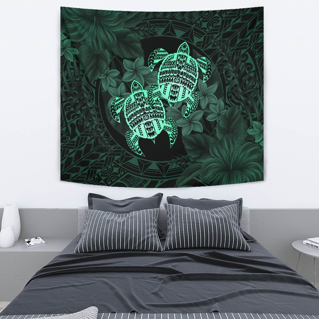 hawaiiTapestry - Turtle Strong Pattern Hibiscus Plumeria Turquoise AH Wall Tapestry Medium 80" x 68" Turquoise - Polynesian Pride
