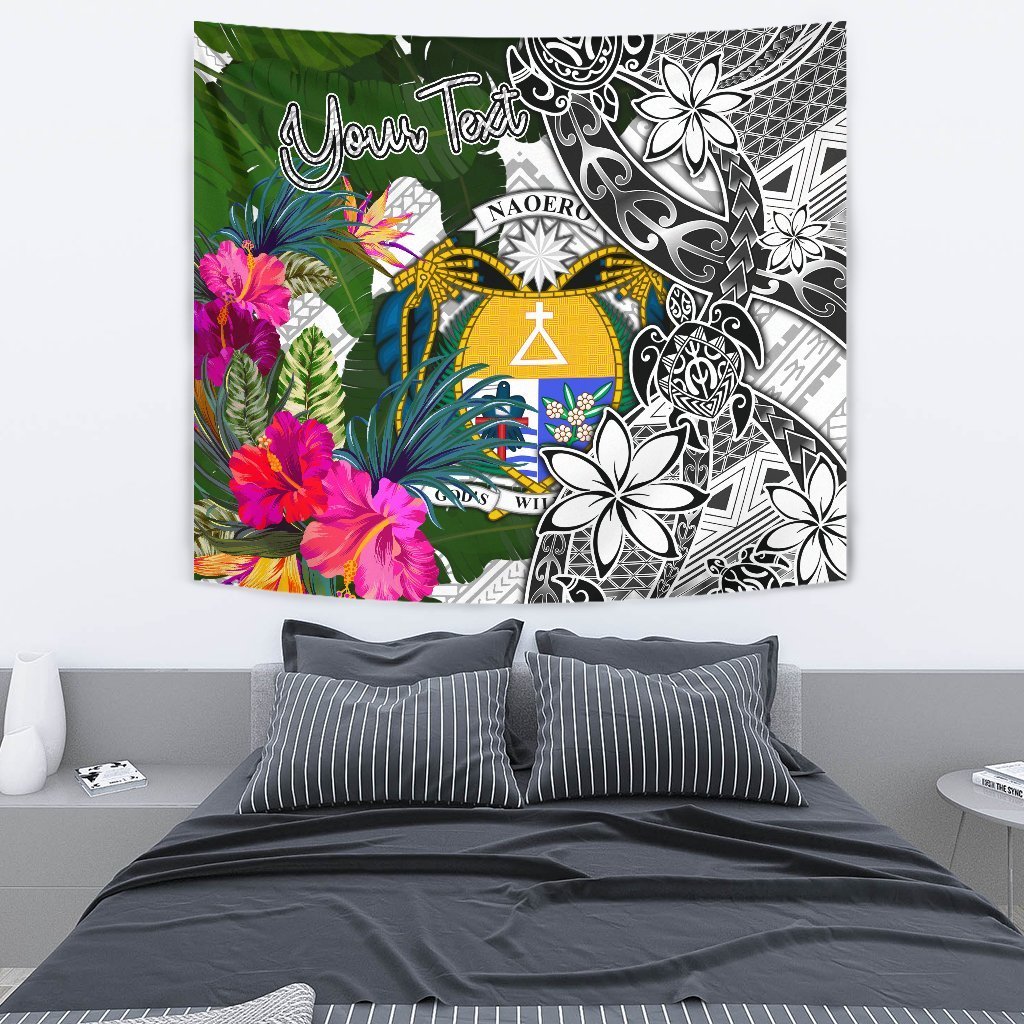 Nauru Custom Personalised Tapestry White - Turtle Plumeria Banana Leaf Crest - Polynesian Pride