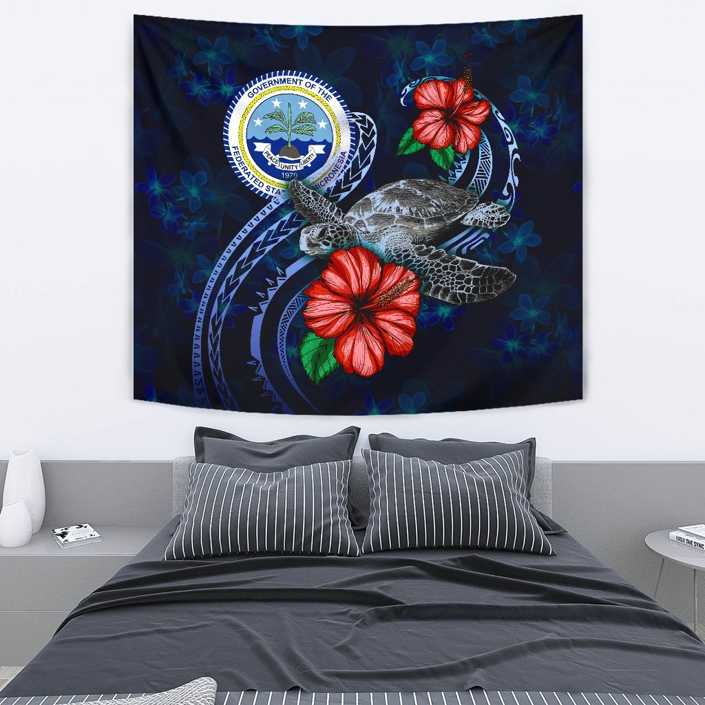 Federated States Of Micronesia Polynesian Tapestry - Blue Turtle Hibiscus One Style Medium 80" x 68" Blue - Polynesian Pride