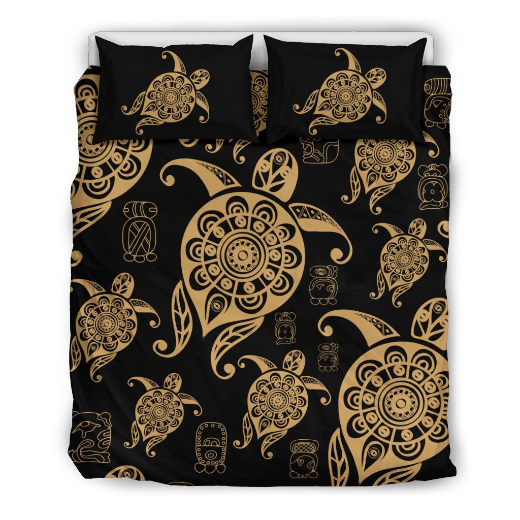 Honu Turtle Hawaiian Duvet Cover Set - Gold Color Style Black - Polynesian Pride