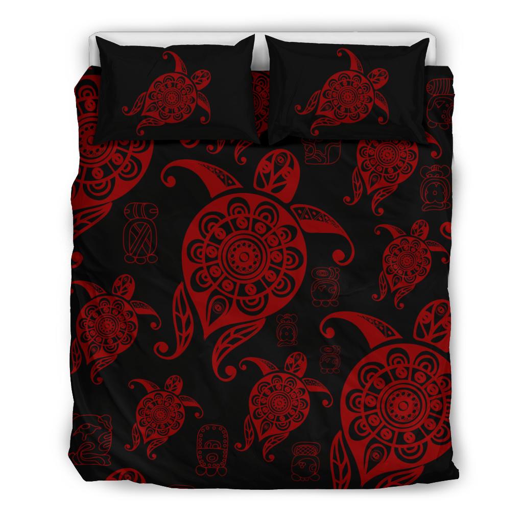 Honu Turtle Hawaiian Duvet Cover Set - Red Color Style Black - Polynesian Pride