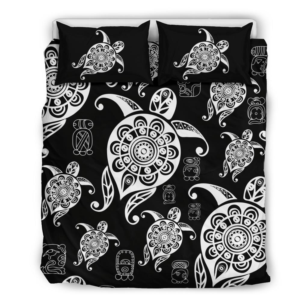 Honu Turtle Hawaiian Duvet Cover Set - Black White Color Style Black - Polynesian Pride