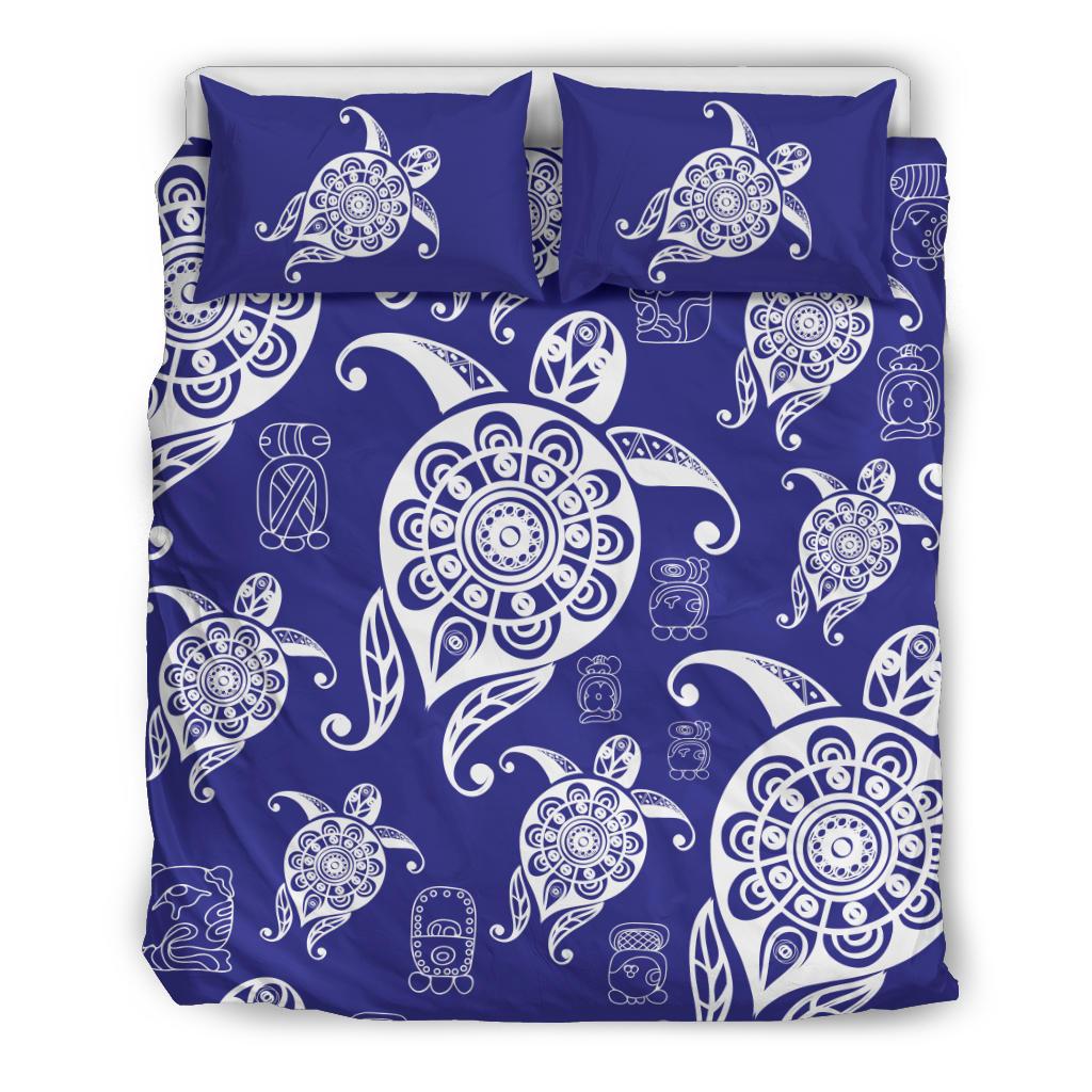 Honu Turtle Hawaiian Duvet Cover Set - Blue White Color Style Black - Polynesian Pride