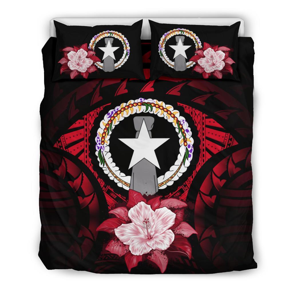 Northern Mariana Islands Duvet Cover Set - Northern Mariana Islands Flag & Red Hibiscus - Polynesian Pride