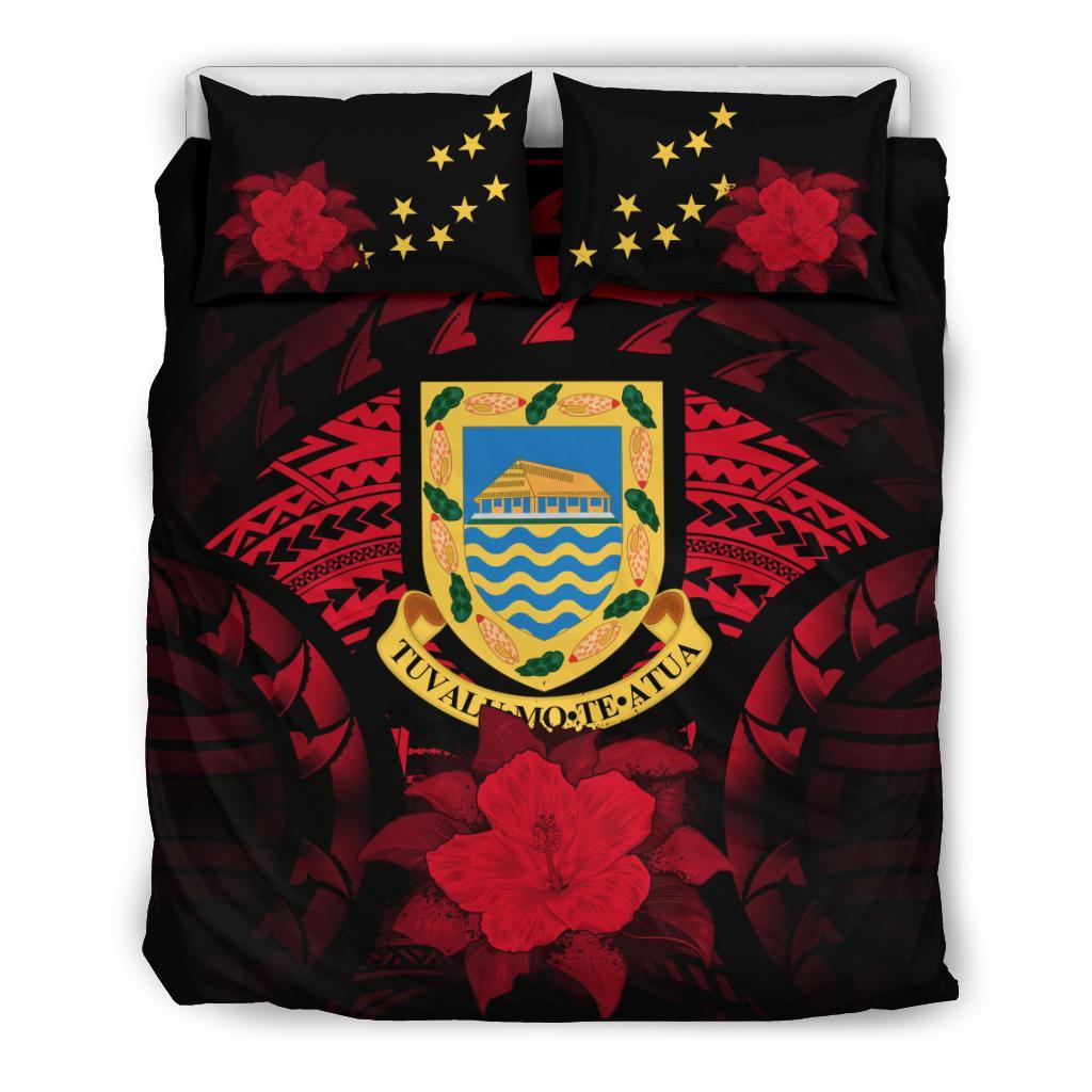 Tuvalu Duvet Cover Set - Tuvalu Coat Of Arms & Red Hibiscus - Polynesian Pride