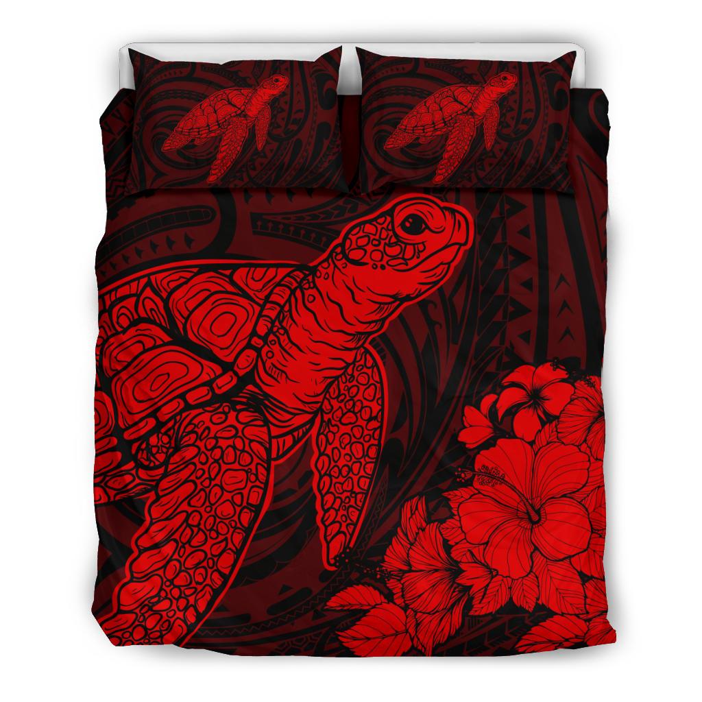 Hawaiian Hibiscus Memory Turtle Polynesian Bedding Set Red Red - Polynesian Pride