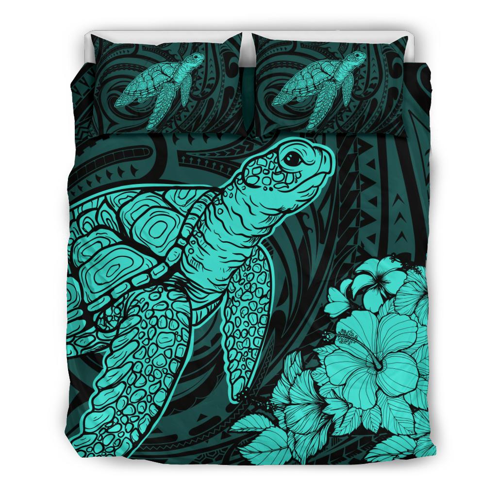 Hawaiian Hibiscus Memory Turtle Polynesian Bedding Set Turquoise Art - Polynesian Pride