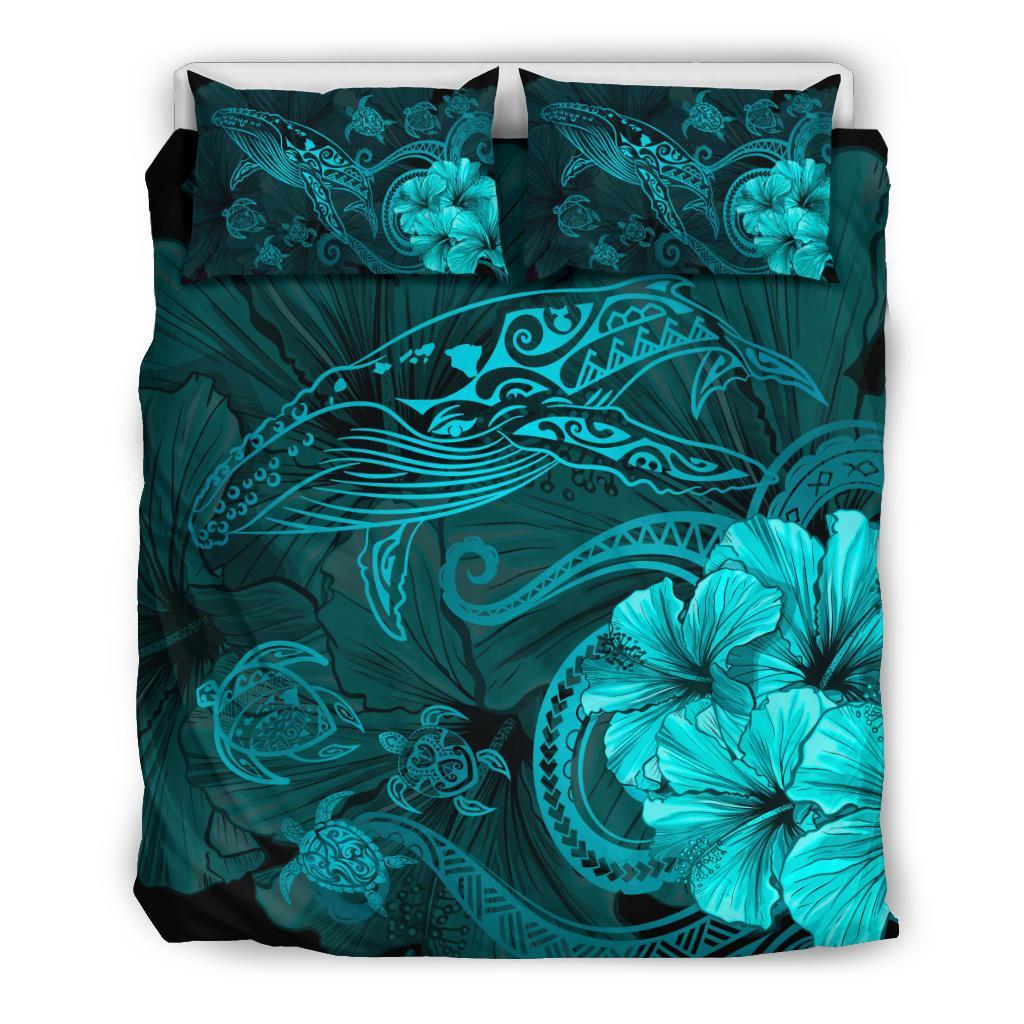 Hawaiian Hibiscus Whale Turtle Dance Polynesian Bedding Set - Turquoise Art - Polynesian Pride