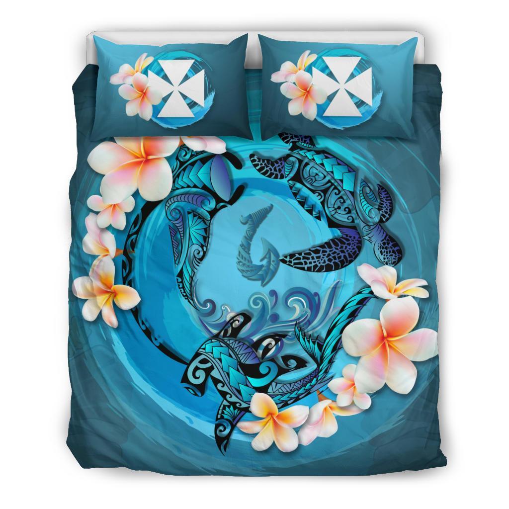 Polynesian Duvet Cover Set - Wallis And Futuna Bedding Set Blue Plumeria Animal Tattoo Blue - Polynesian Pride