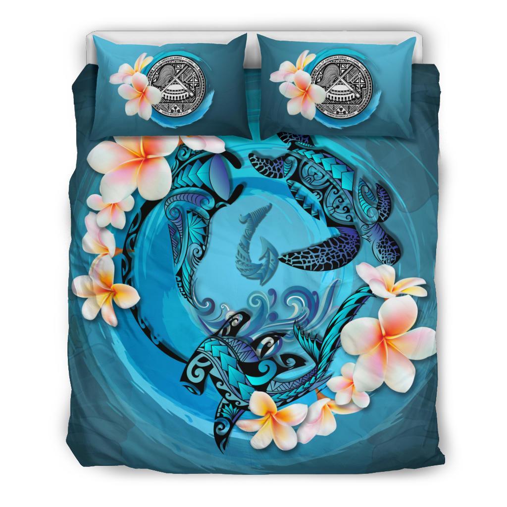 Polynesian Duvet Cover Set - American Samoa Bedding Set Blue Plumeria Animal Tattoo Blue - Polynesian Pride