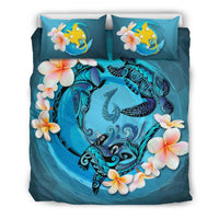 Polynesian Duvet Cover Set - Papua New Guinea Bedding Set Blue Plumeria Animal Tattoo - Polynesian Pride